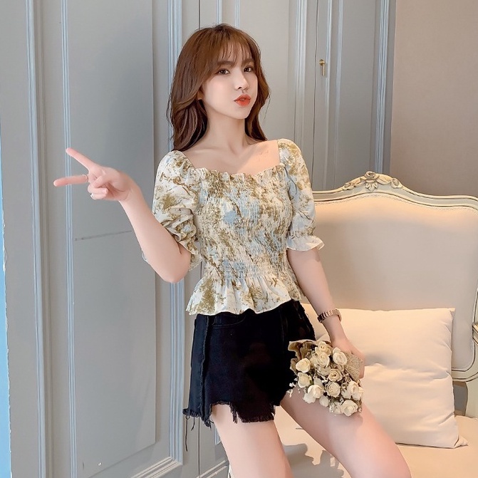 Áo Chiffon Ngắn Tay Trễ Vai In Họa Tiết Mực Thời Trang