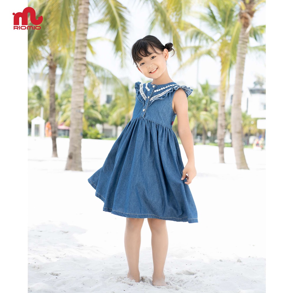 Váy jean bé gái 3-11 tuổi (15-40kg) dáng suông RIOMIO cổ phối ren 100% cotton USA cao cấp cho bé - RO216