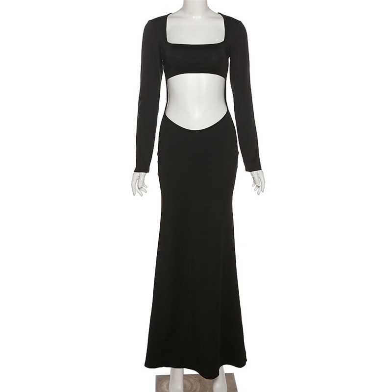 Đầm Tay Dài Cổ Vuông Màu Trơn Quyến Rũ Thời Trang Cho Nữ