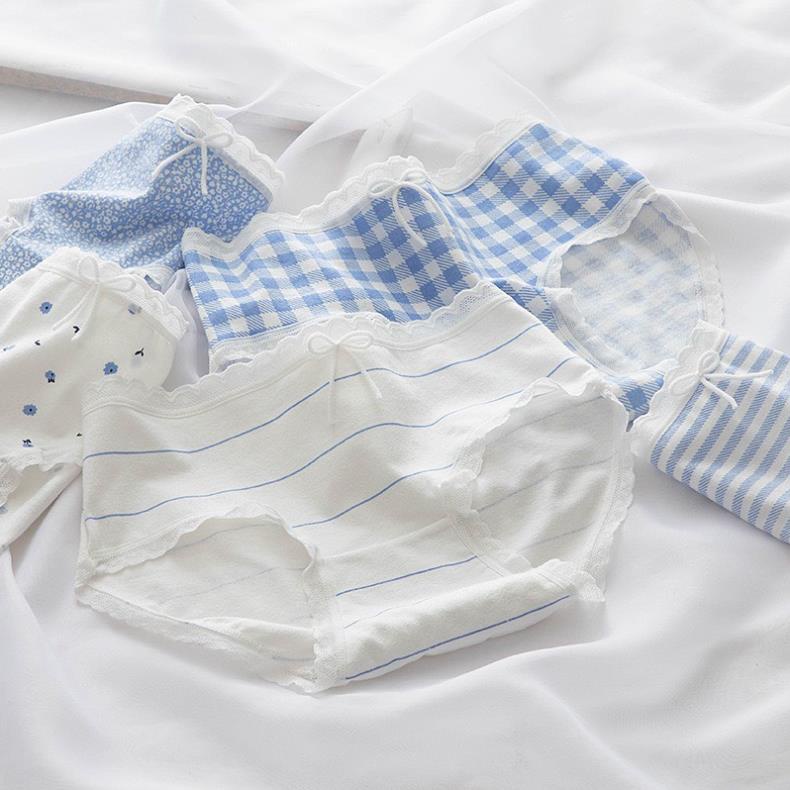 Quần Lót Nữ Cotton Dễ Thương Tông Xanh Cao Cấp Kháng Khuẩn Nhiều Họa Tiết Caro Kẻ Xinh Xắn 335