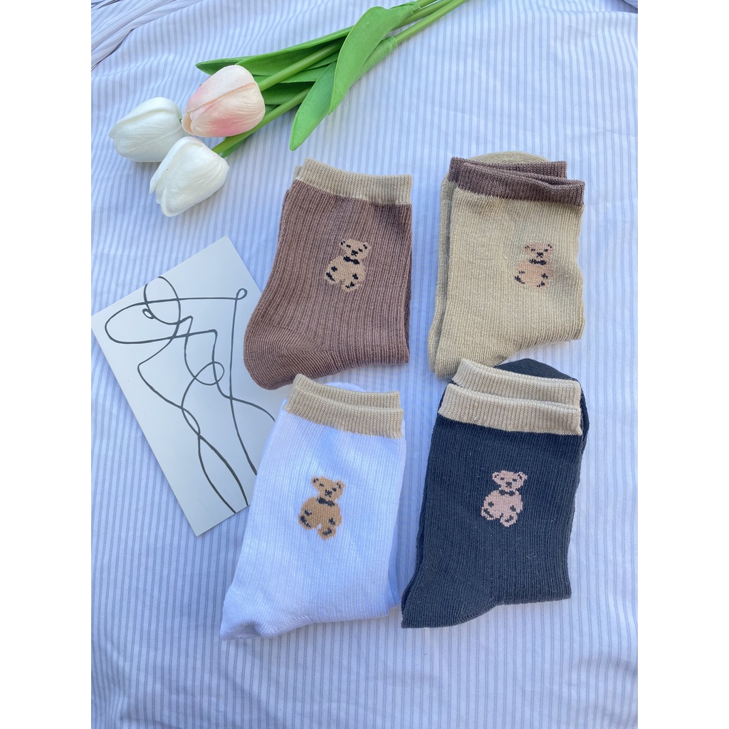 Tất gấu Muzini vớ cổ cao in hình hoạt hình nhiều màu dễ thương TN205