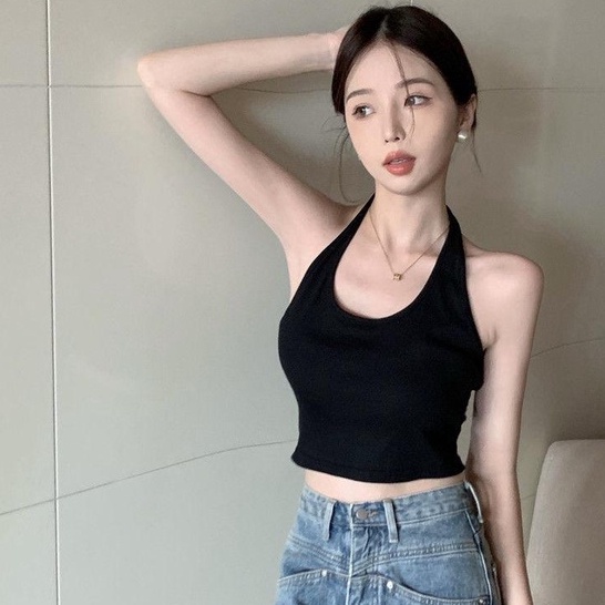 [MURIOKI] Áo Hai Dây Dáng Ôm Ngắn Hở Lưng Màu Đen Thời Trang 2022 Quyến Rũ Cho Nữ