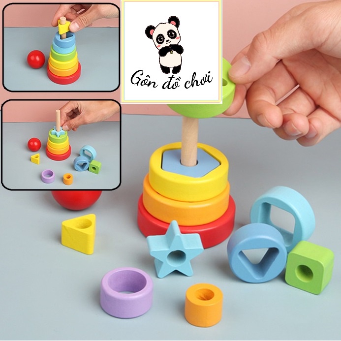 Đồ chơi gỗ Xếp hình gỗ thông minh hình trụ sơn màu an toàn cho bé Gôn đồ chơi