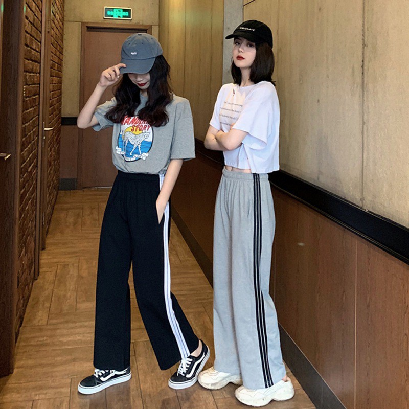 Korean Striped Wide Leg Pants Loose High Waist Women Straight Sport Pants For Women