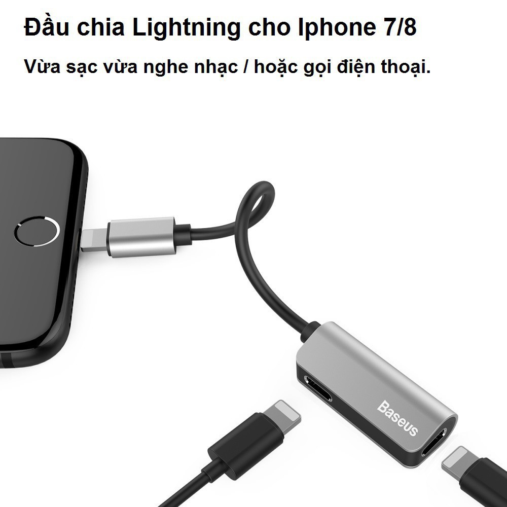 Jack chuyển đổi iphone l37 vừa nghe vừa sạc có mic chia 2 cổng lightning hàng chính hãng baseus cho iphone 7 8 x 11 12