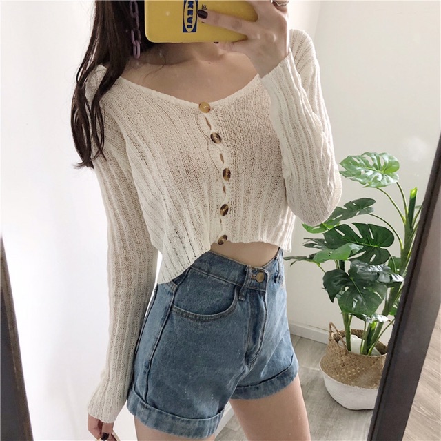 Áo len croptop dài tay cổ chữ V Ulzzang nữ - ảnh thật