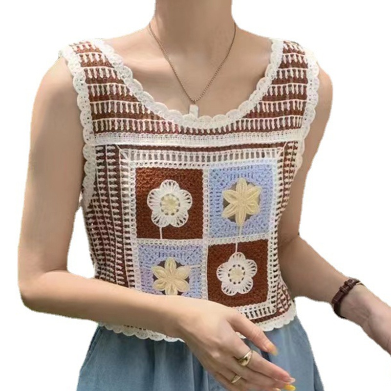 Áo Croptop Dệt Kim Sát Nách Sọc Ca Rô Thêu Hoa Xinh Xắn Cho Nữ