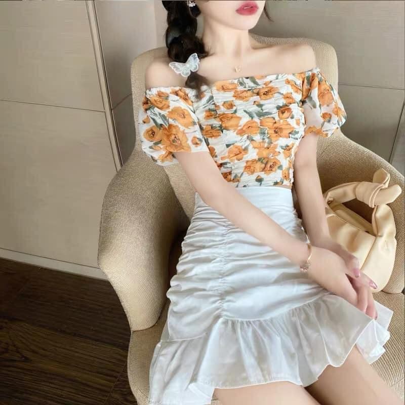 Set Áo Trễ Vai Hoa Kèm Chân Váy Nhúm Cao Cấp , Set Trễ Vai Hoa Nhúm Mặc 2 Kiểu Siêu Xinh