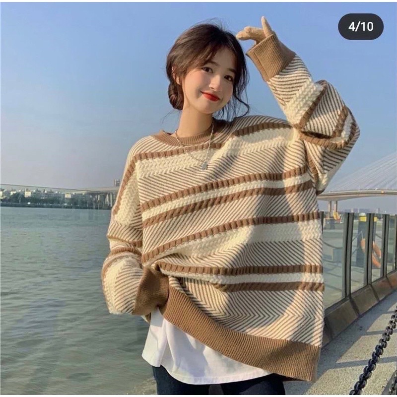 Áo len kẻ phối hoạ tiết xương cá-mã 1110
