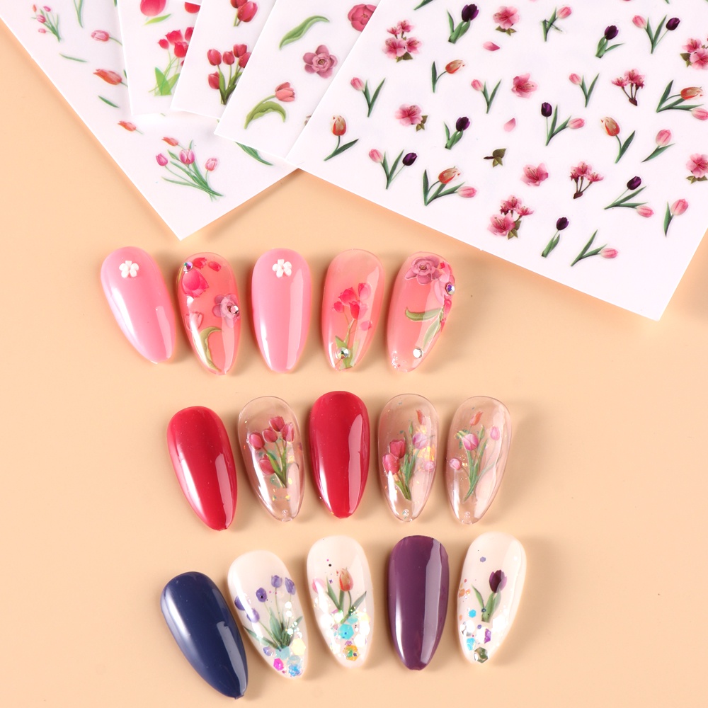 Miếng Dán Trang Trí Móng Tay Hình Hoa Tulip 3D Thanh Lịch
