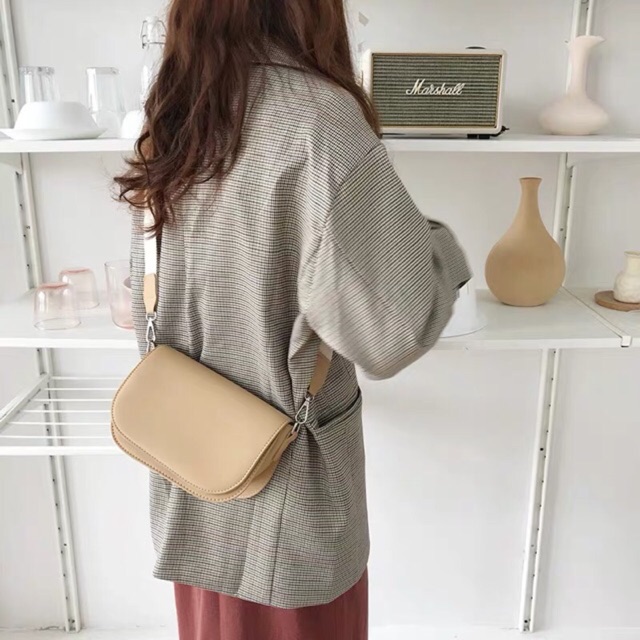 Túi da đeo chéo quai vải phong cách hàn quốc beige ulzzang Dorae