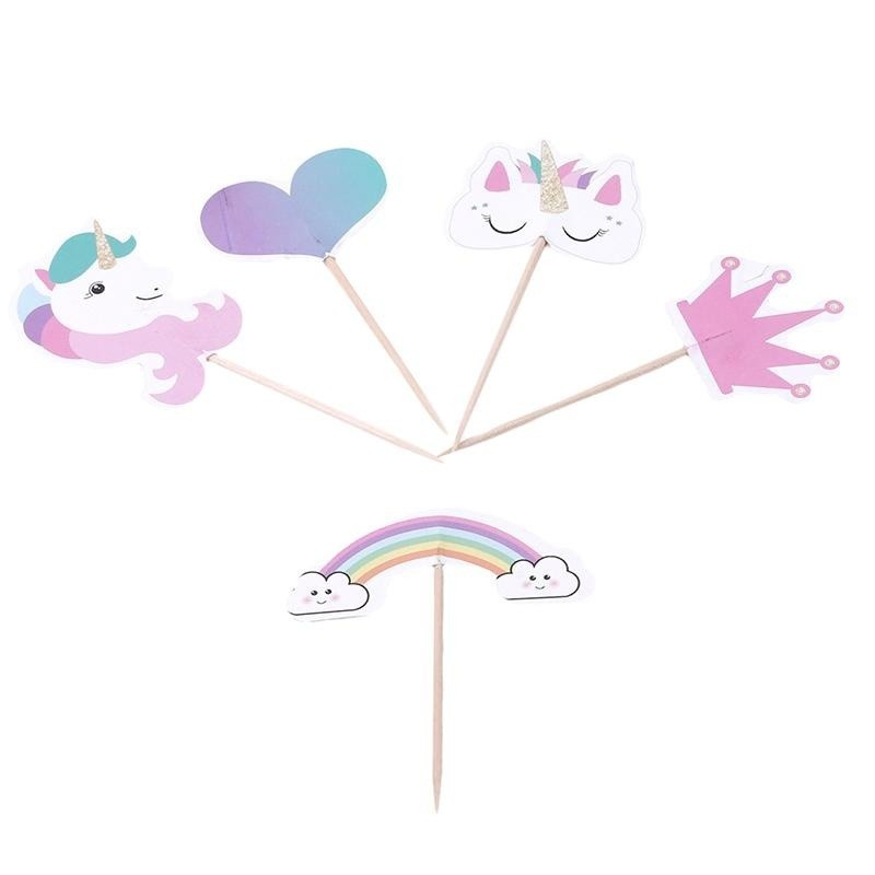 Set 24 Phụ Kiện Trang Trí Bánh Cupcake Hình Kỳ Lân Màu Cầu Vồng Dễ Thương