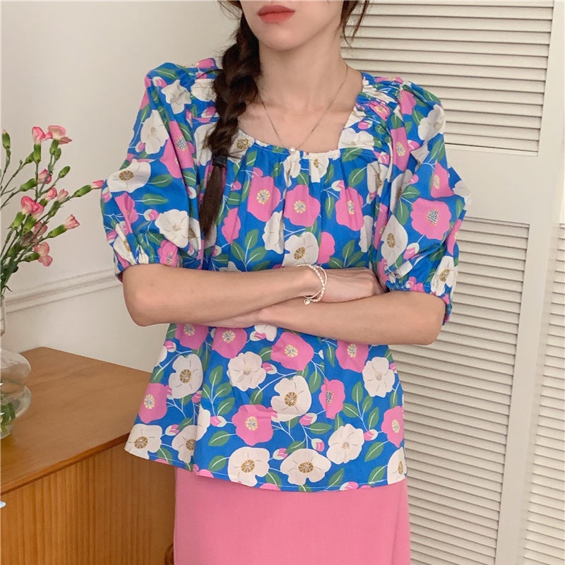 SUXI Áo Kiểu Cổ Vuông Tay Ngắn Dáng Rộng In Họa Tiết Hoa Phong Cách Hàn Quốc Xinh Xắn