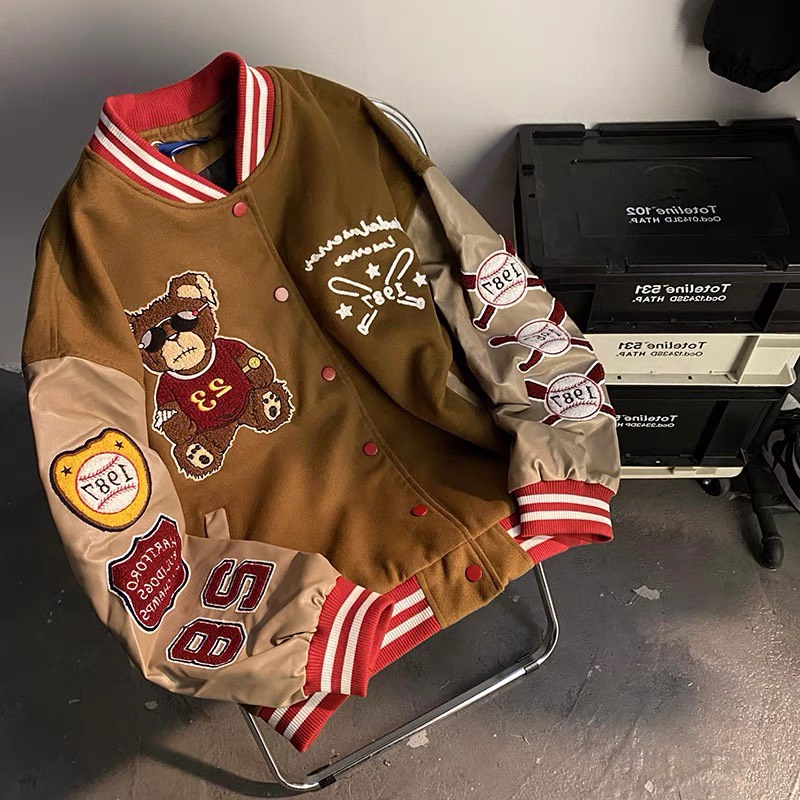 (Hàng có sẵn)Áo bomber varsity vải dạ tay da họa tiết thêu gấu,Áo khoác varcity nam nữ DT133