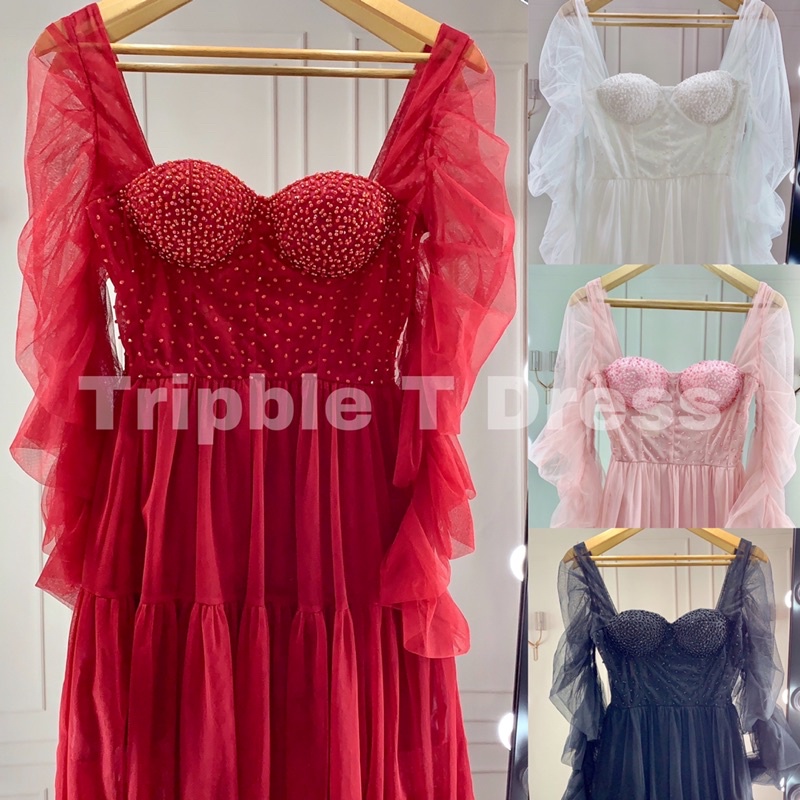 Đầm midi tay dài dún kết cườm sẵn bra ngực siêu xinh TRIPBLE T DRESS - Size M/L - MS297V
