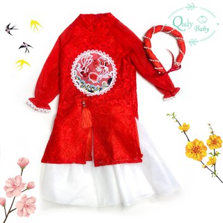 Set áo dài tết kèm váy ren hình con cá cho bé gái nhiều màu (màu đỏ-màu hồng)