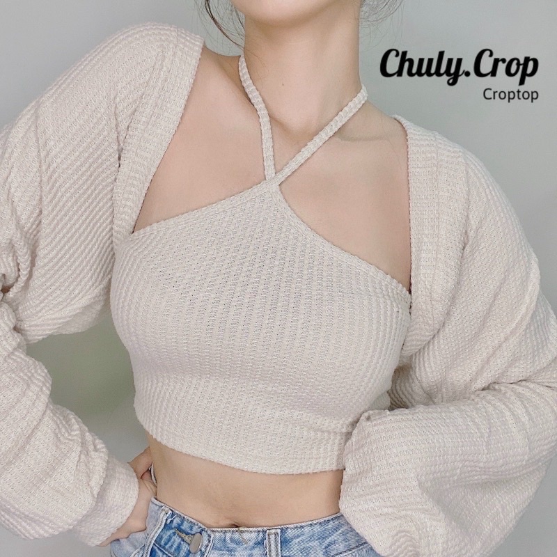 Set Áo Croptop Kèm Khoác Cardigan Tay Phồng YUMI BÁN SỈ