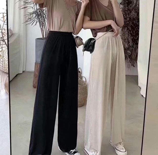 Quần ống rộng thun tăm siêu co dãn cạp chun nhiều màu