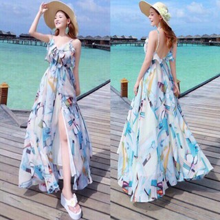 Đầm maxi họa tiết 2 dây phối bèo m l xl