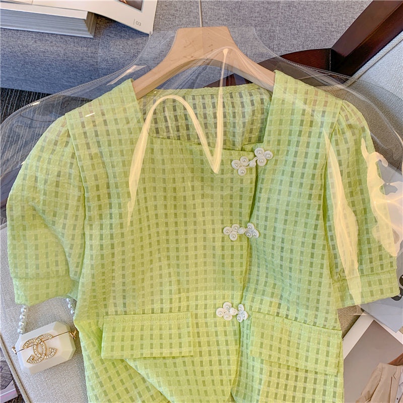 Áo Sơ Mi Ngắn Tay Cổ Vuông Họa Tiết Kẻ Ô Thiết Kế Mới Thời Trang Mùa Hè Theo Phong Cách Trung Hoa