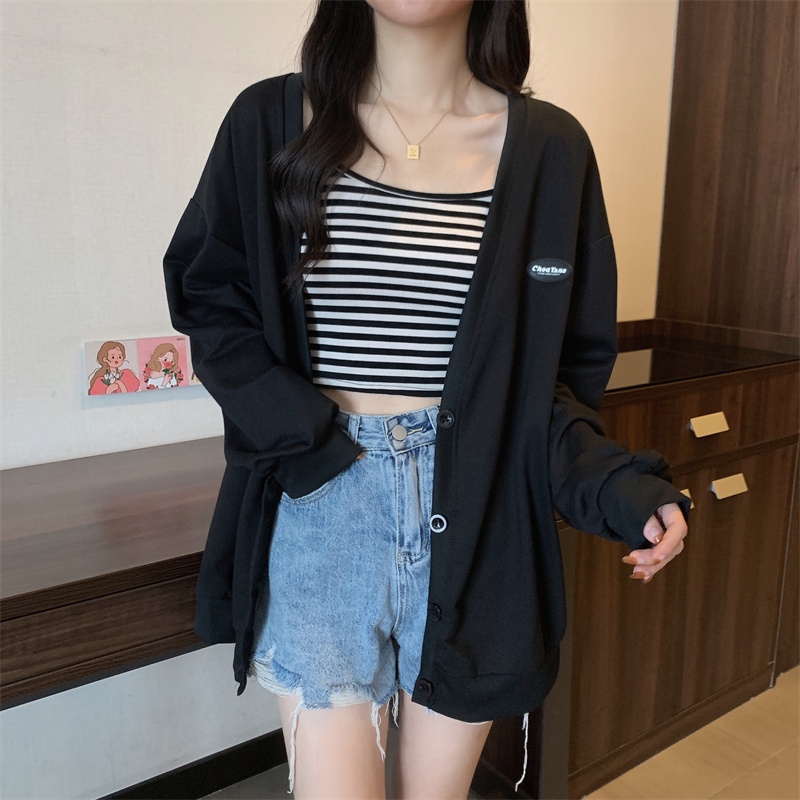 Áo Khoác Cardigan Tay Dài Cổ Chữ V Form Rộng Phong Cách Preppy