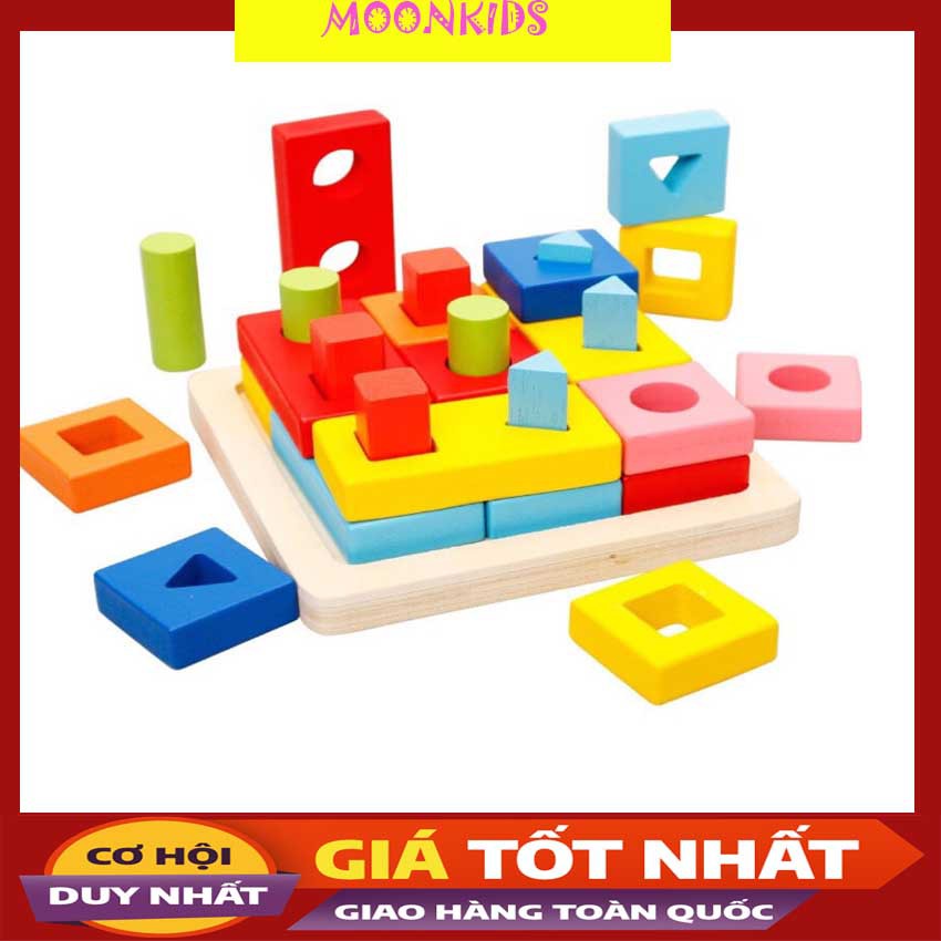 Đồ chơi gỗ Montessori thả cọc hình khối thông minh 3D