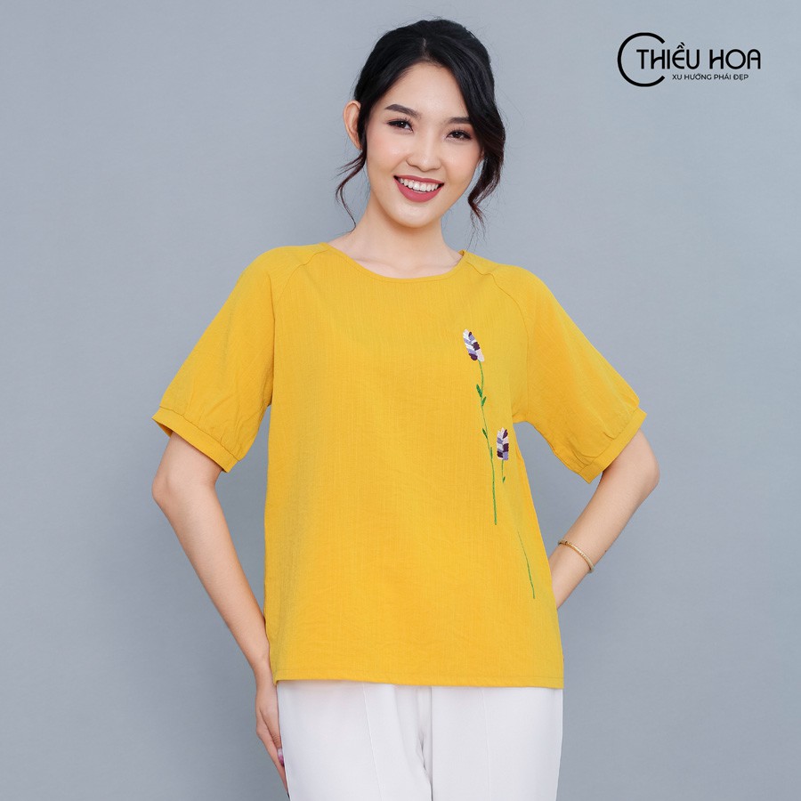 Áo Kiểu Nữ Linen Tay Bồng Thiều Hoa Y969