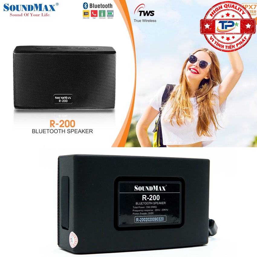 Loa bluetooth 5.0 SoundMax R-200 chống nước cấp độ 7 IPX7 Đọc thẻ nhớ Micro SD dùng cho PC, LATOP, ĐT, TV ...