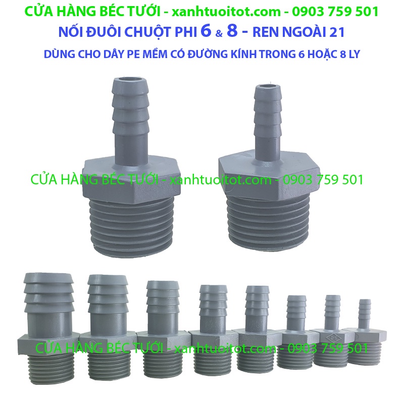 Bộ 50 cái NỐI ĐUÔI CHUỘT 6 - DÙNG CHO ỐNG PE MỀM 5 - REN NGOÀI 21