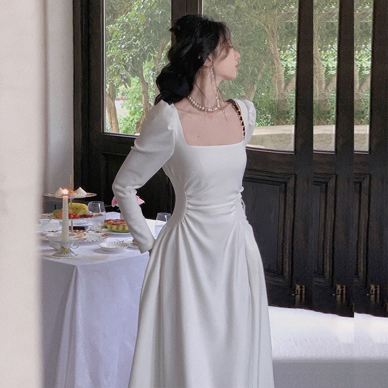 Đầm Tay Dài Cổ Vuông Màu Trơn Thiết Kế Ôm Eo Phong Cách Pháp Thanh Lịch Thời Trang Mùa Thu