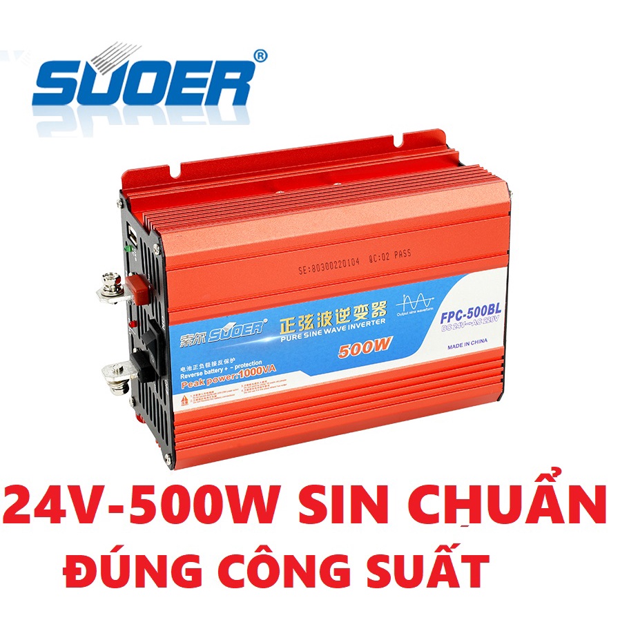 Bộ kích điên sin chuẩn 500w 24v sang 220v Suoer đúng công suất -FPC-500BL Biến Tần Sóng Sin Tinh Khiết