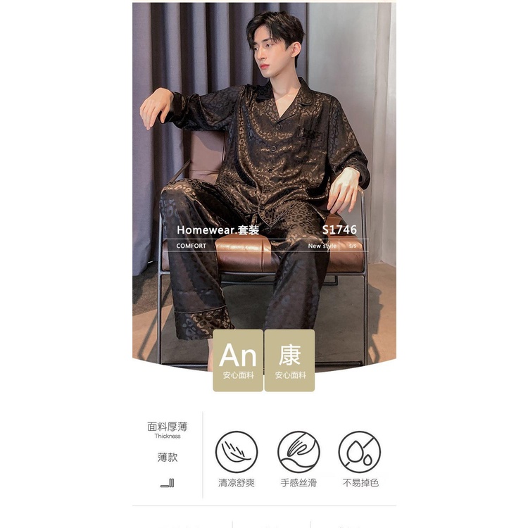 Bộ Đồ Ngủ Tay Dài Bằng Lụa Mát In Họa Tiết Da Báo Dành Cho Nam