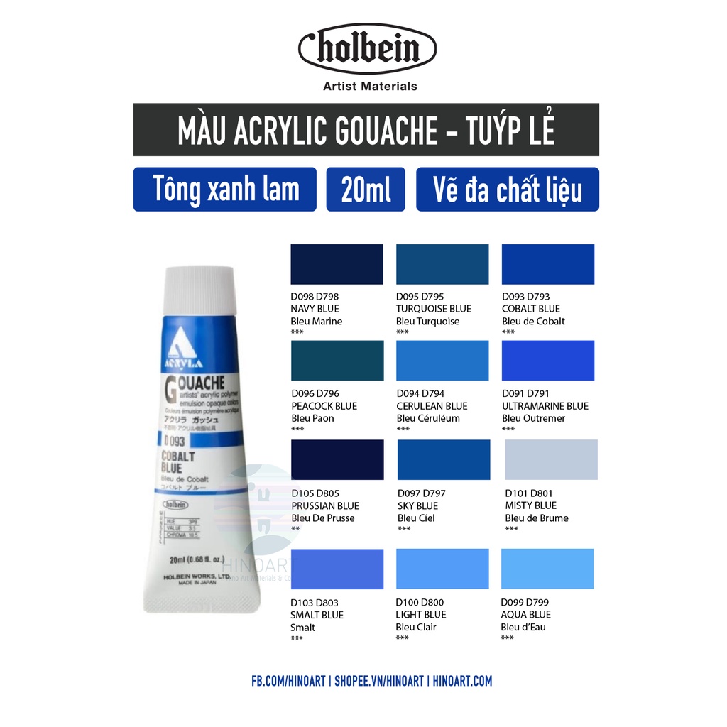 [ Tông Xanh Lam ] Màu vẽ Acrylic Gouache Holbein tuýp 20ml