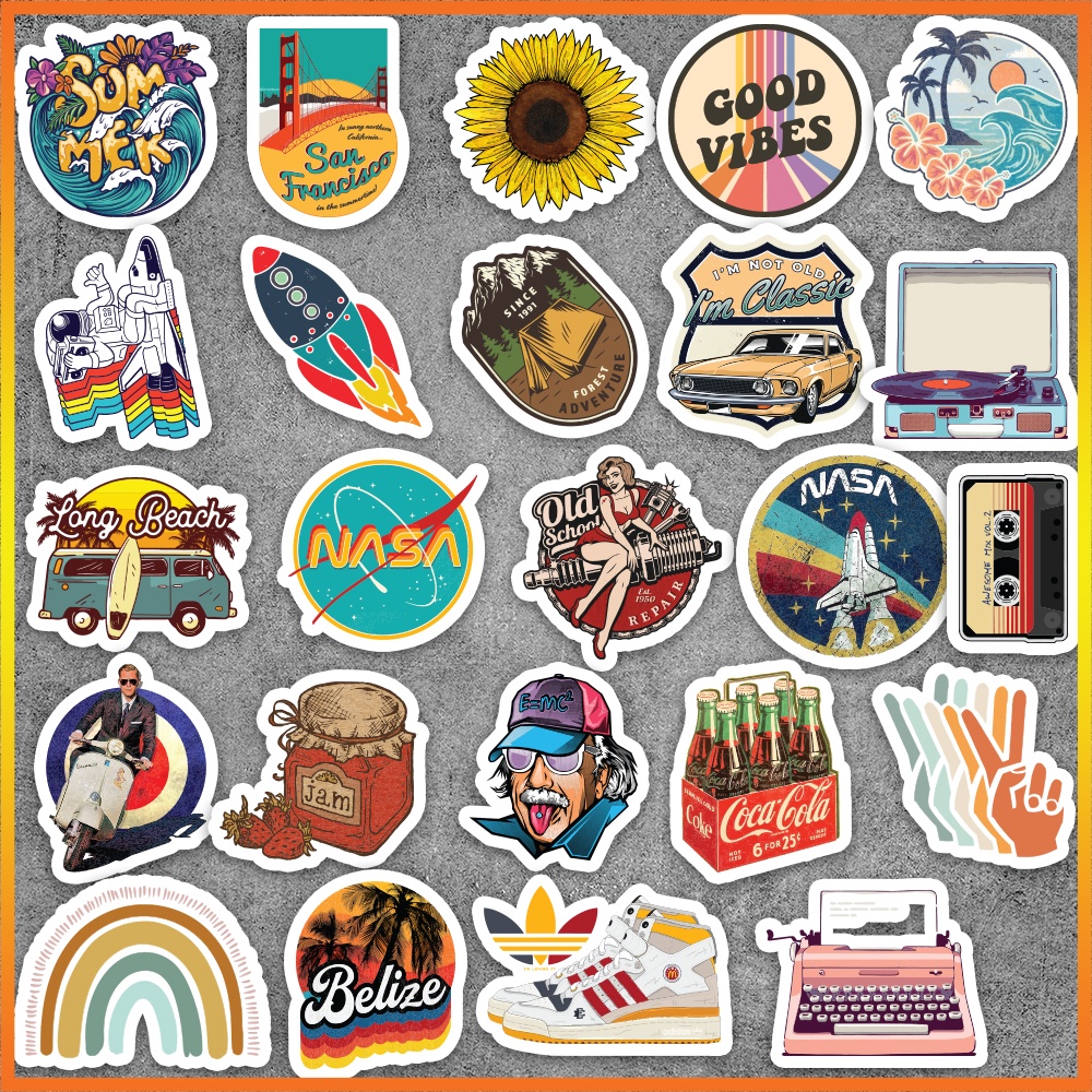 Set 50 cái Sticker Vintage dán mũ bảo hiểm, hình dán Vintage chống nước, decal Vintage cổ điển trang trí sổ, laptop