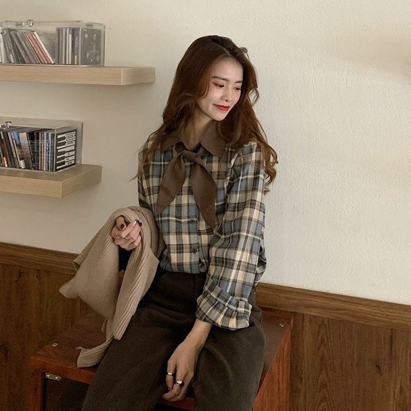[có sẵn] Áo ghi lê len dệt kim thiết kế phong cách retro kèm áo sơ mi
