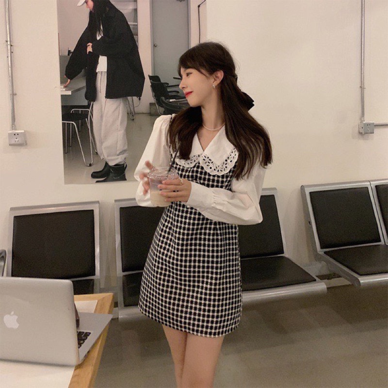 [Hàng sẵn/Video] VÁY DẠ DÀI TAY CÚC NGỌC CỔ BÈO KẺ ĐEN