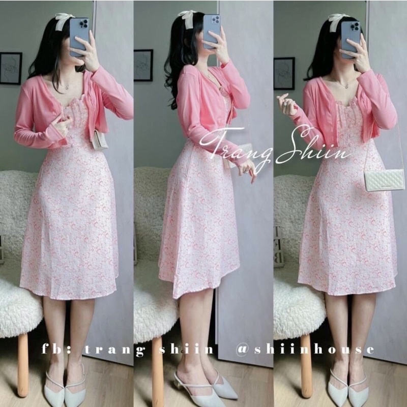 Đầm hoa hai dây kèm áo khoác HỒNG - Shop Táo Đỏ Bigsize HCM