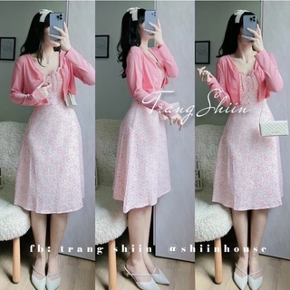 Đầm hoa hai dây kèm áo khoác hồng - shop táo đỏ bigsize hcm