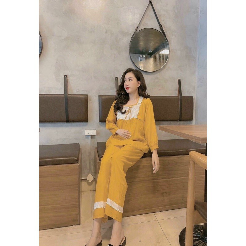 (siêu xinh) Bộ đồ bầu sau sinh Cổ Viền Trắng Vuông, chất đũi mát thoáng, trẻ trung, năng động