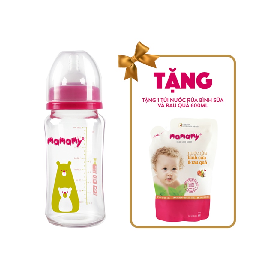 Bình Sữa Thủy Tinh Cổ Rộng Chống Sặc Và Đầy Hơi Mamamy 240ml Tặng Túi Nước Rửa Bình Sữa 600ml