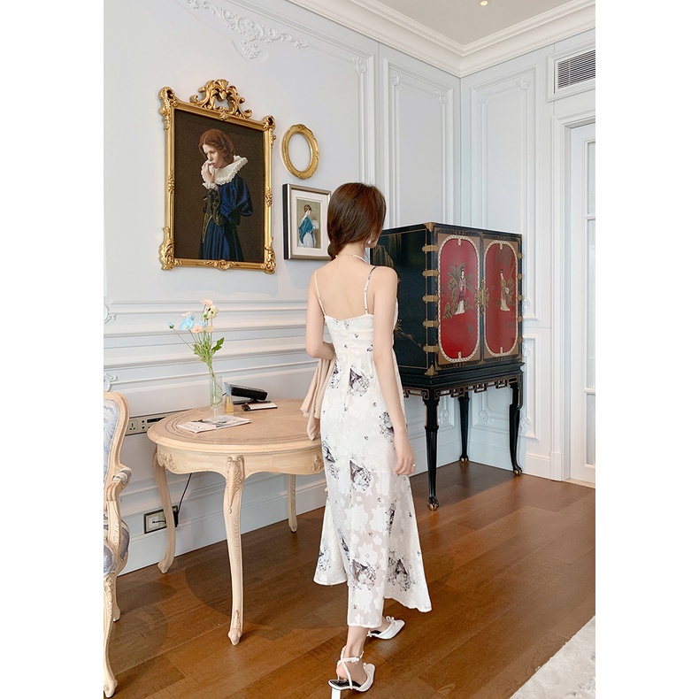 Eravogue🌷 Đầm Dài Xẻ Tà Thắt Nơ Bên Hông In Họa Tiết Hoa Quyến Rũ Thời Trang Phong Cách Hàn Quốc Cho Nữ 4942