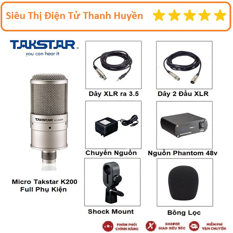 Micro Takstar PC K200 Thu Âm Chuyên Nghiệp , Live Stream, Tặng Nguồn Phantom 48v, Dây Giắc Đầy Đủ Theo Kèm