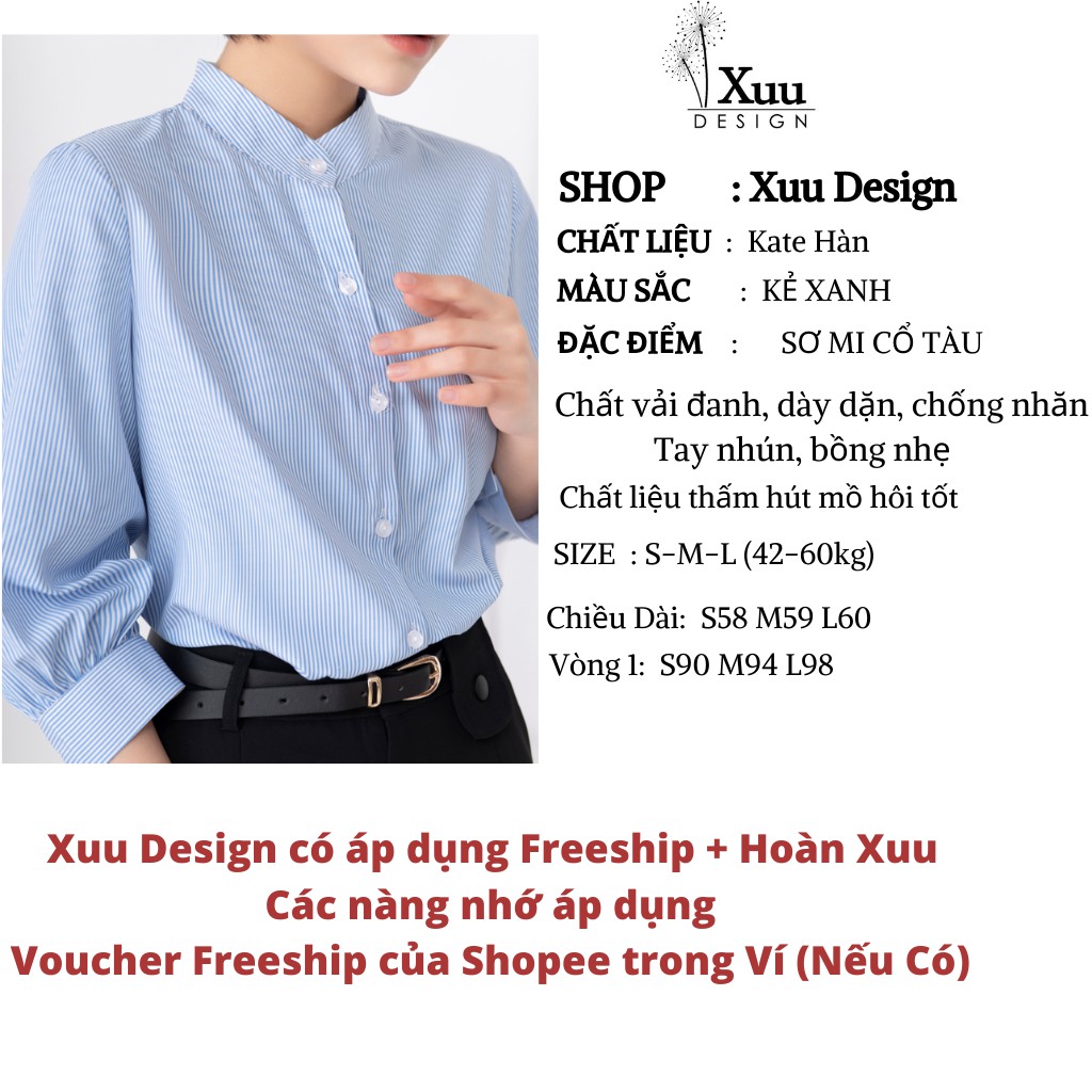 Áo Sơ Mi Nữ kẻ xanh tay bồng cổ tàu Xuu Design 💖 - Ảnh Thật💖 Sơ mi kiểu [ SMK11 kẻ xanh]