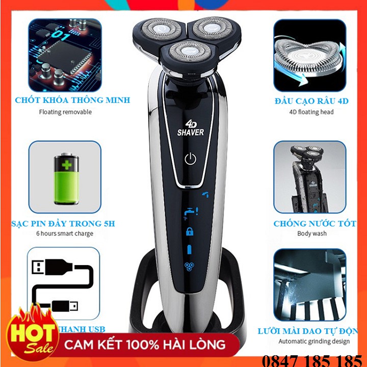 Máy cạo râu cao cấp Shaver 4D tự động mài 3 lưỡi dao - đầu cạo thông minh xoay 360 độ-Tặng Kèm Chân Giá Và Bộ Củ Cáp Sạc