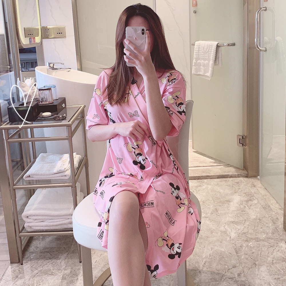 Neon074 váy ngủ ngắn tay Áo choàng tay ngắn Polyester V Cổ mùa hè Váy ngủ nhẹ nhàng mềm mại cho bé gái Phụ nữ