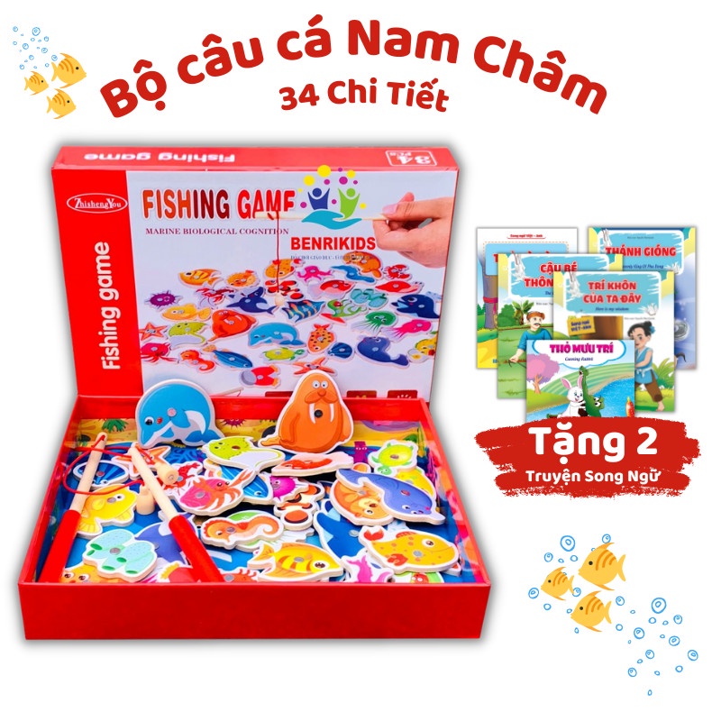 [ Tặng 2 Truyện Song Ngữ ] Bộ Đồ Chơi Câu Cá Gỗ Nam Châm 34 Sinh Vật Biển Benrikids Trò Chơi Giải Trí Vui Nhộn Cho Bé