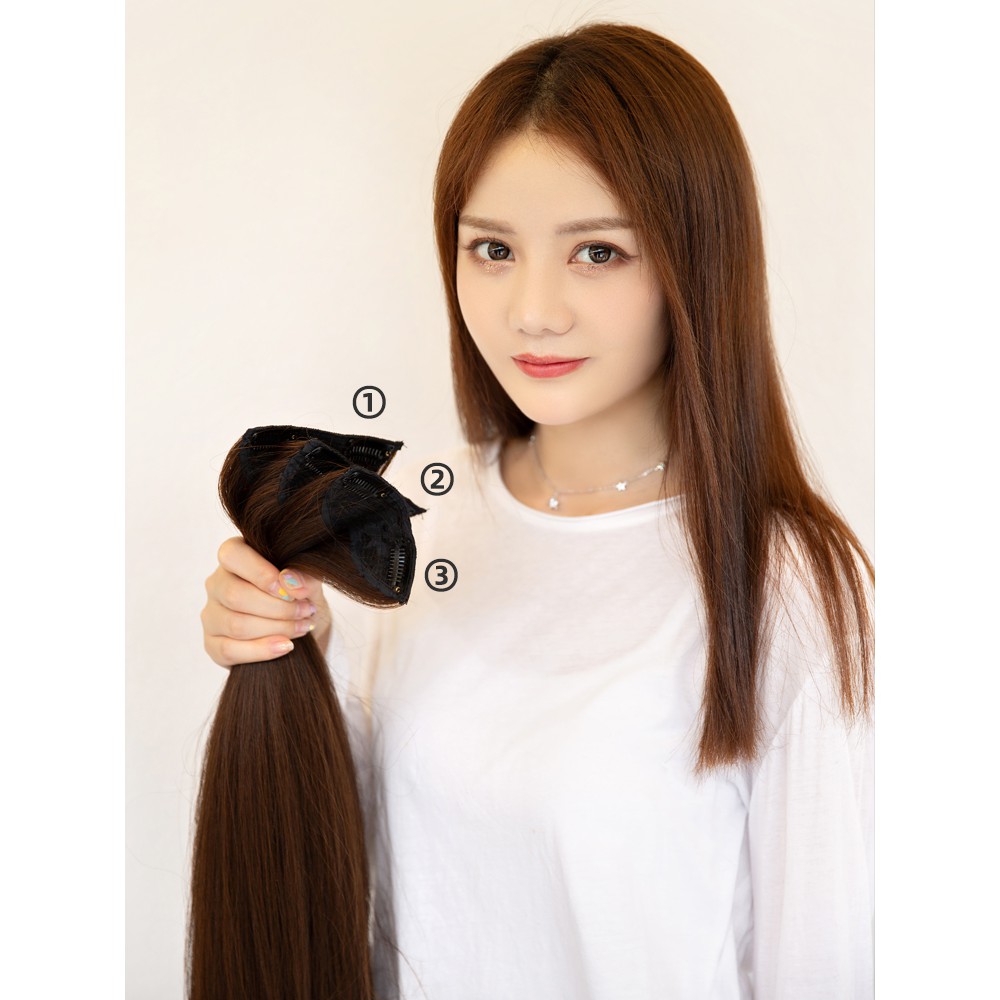 Tóc giả kẹp phồng đẹp, set 3 dải tóc thẳng dài 60cm, độn phồng tự nhiên không bóng