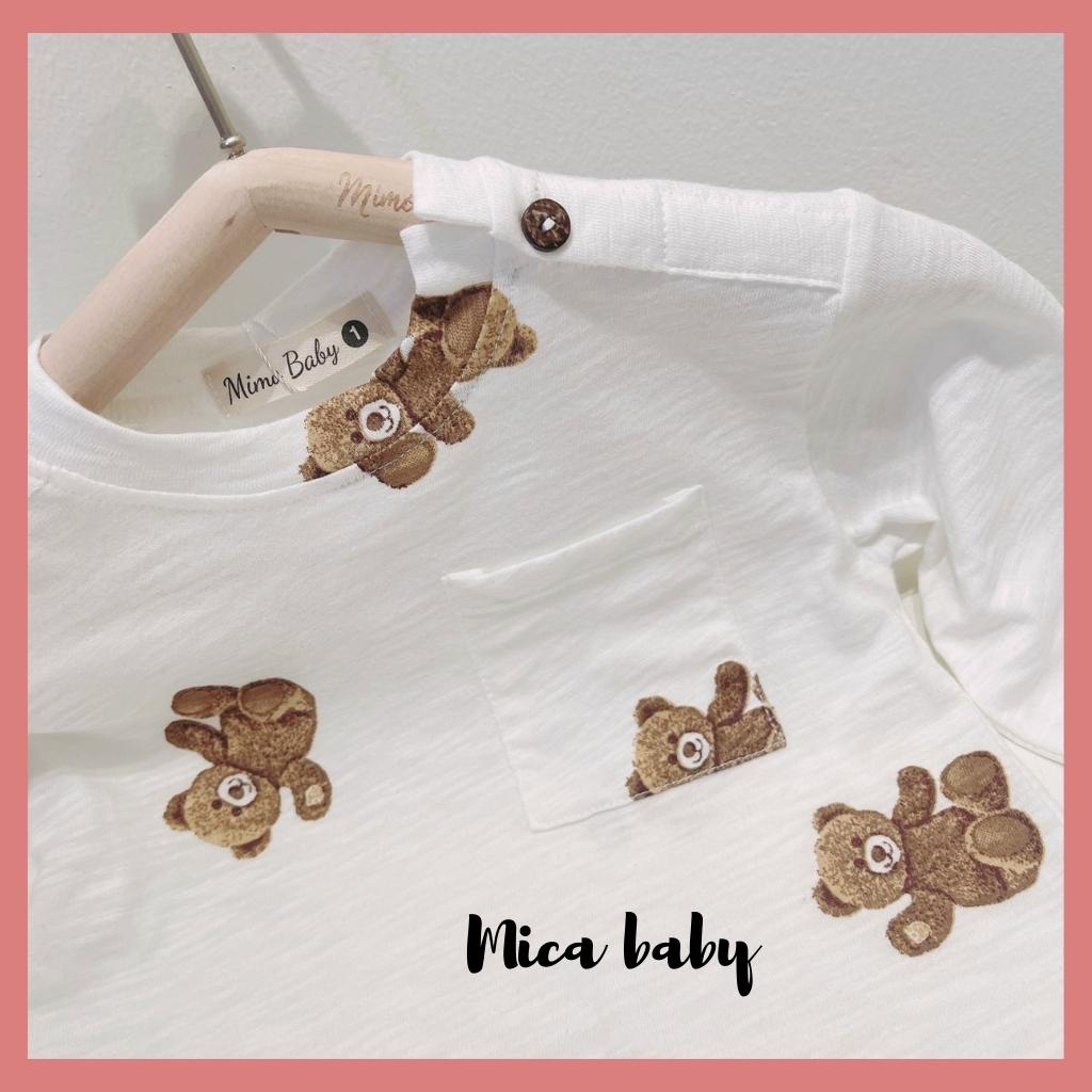 Áo phông dài tay thu đông cho bé chất cotton in hình gấu QA49, áo thun phối túi ngực cho bé Mica Baby