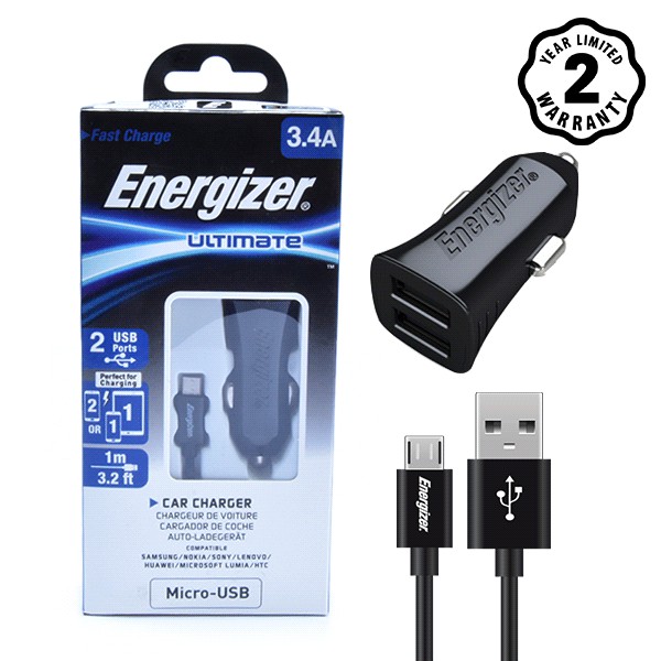 [Mã ELDTR40 giảm 7% đơn 299K] Bộ Sạc Ô Tô Energizer 3.4A 2 Cổng USB - Kèm 1 Cáp Micro USB DCA2CUMC3 (Black)