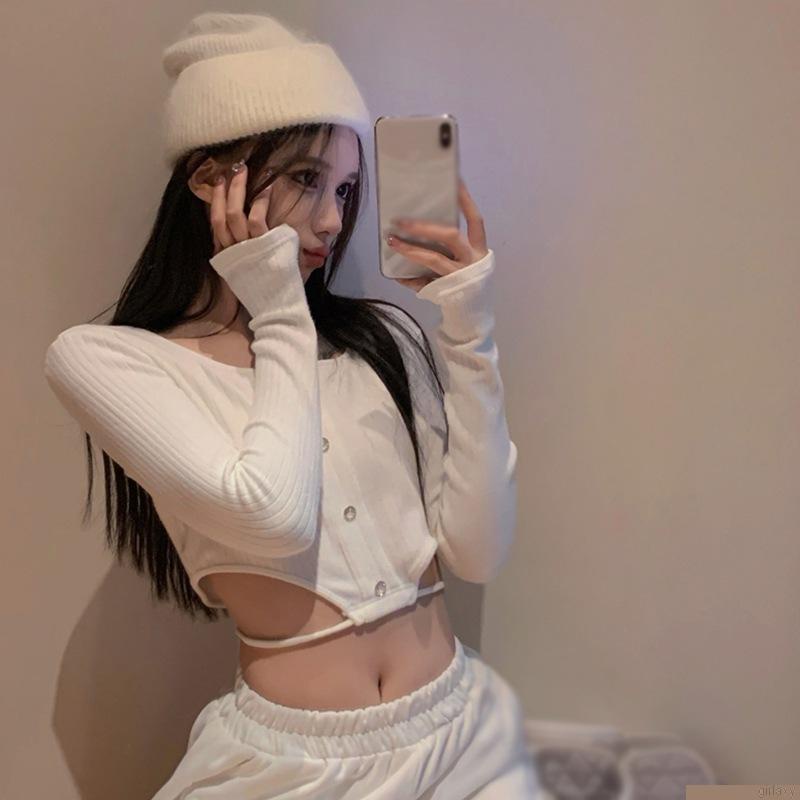 Áo crop top tay dài màu sắc trơn thiết kế gợi cảm cho nữ